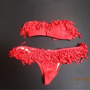 Red Fringe Bandeau Bikini Set Small Festival Boho Summer Coastal
